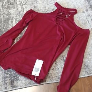 Elegant cold shoulder top, maroon color, long-sleeved, Stretch, size xl